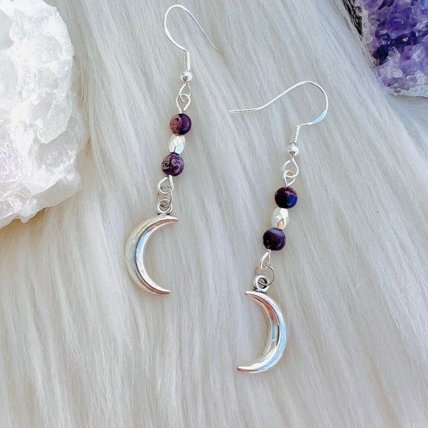 Silver POSITIVE ENERGY Purple Jasper Witchy Crystal Earrings, Moon Earrings, Healing Energy Princesscore Earrings, mystical moon earrings