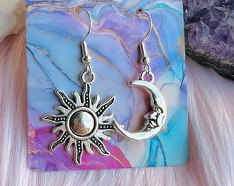 Gorgeous Silver/Gold Sun and Moon Earrings, Indie Earrings, Boho Jewelry, Sun Moon Earrings, Cottagecore Mystical Earrings, Hippie Earrings