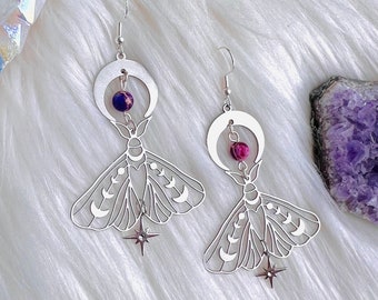 Silver Luna moth moon phases dangle earrings, purple Jasper crystals, cottagecore grunge witchy earrings, butterfly magical jewelry, lunar