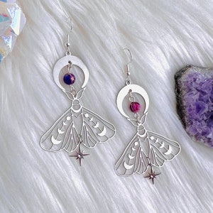Silver Luna moth moon phases dangle earrings, purple Jasper crystals, cottagecore grunge witchy earrings, butterfly magical jewelry, lunar
