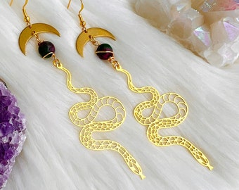 Mystical GOLD Snake & Moon Earrings, Witchy Crystal Earrings, Crescent Moon Serpent Statement Earrings, Wiccan Naturecore Jewelry