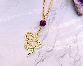 Gold Snake Amethyst Necklace, Witchy Snake Choker, Large Snake Pendant, Gothic Serpant Necklace, Python Statement Jewelry, Princesscore