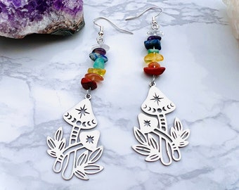 Silver Chakra Mushroom Earrings, Cottagecore Rainbow Mushroom Earrings, Nature Earrings, Cottage Core Statement Jewelry