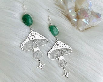 Silver Fairycore Mushroom Earrings, witchy cottagecore mushrooms with green aventurine crystal jewelry, positive energy crystals earrings