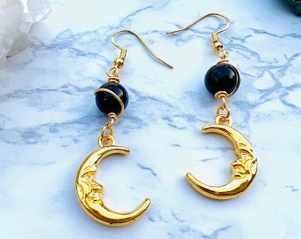 Gold Moon ANXIETY RELIEF Earrings, Witchy Statement Earrings, Goth Moon Earrings, Black Tourmaline Crystal Healing Boho Jewelry