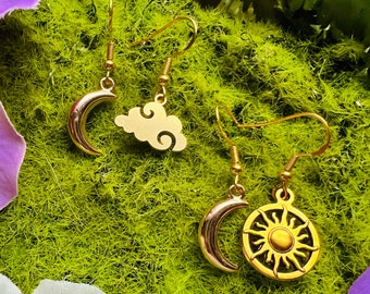 Sun and Moon Earrings, Gold Cloud Mismatched Mystical Boho Earrings, Dangle Handmade Nickel Free Jewelry, Indie Earrings, Hippie Earrings