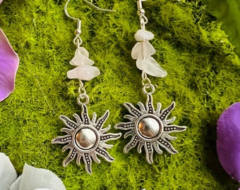 Silver/Gold Sun and Moon Earrings, Boho Jewelry, Crystal Chip Gemstone Earrings, Sun Moon Crystal Earrings, Indie Mystical Gift for Her