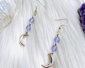 Silver POSITIVE ENERGY purple quartz witchy crystal earrings, moons. Healing energy cottagecore earrings, mystical dainty moon earrings