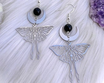 Silver Luna moth moon phase moon gothic earrings, statement crystals, cottagecore grunge witchy earrings, butterfly jewelry, fairycore