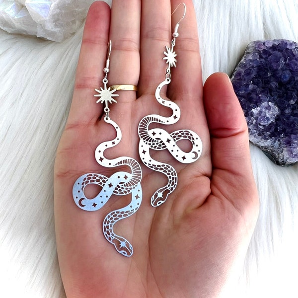 Celestial silver slithering snake earrings, witchy snake earrings, moon phase etched snakes, sunburst snake earrings, mystical snake jewelry