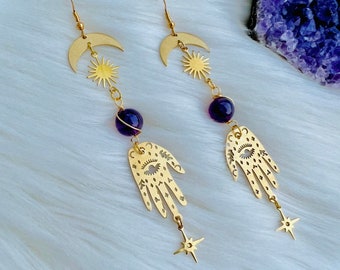 Gold Hamsa EVIL EYE PROTECTION earrings, gold crystal dangle earrings, amethyst, positive energy witchy grunge jewelry, cottagecore hamsa