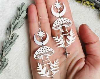 Silver MOON PHASE Mushroom Earrings, Mystical earrings, Witchy Earrings, Cottagecore Earrings, Moonphases Jewelry, Mushrooms Earrings, Goth