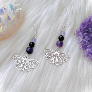 Silver Luna moth moon phase STRESS RELIEF earrings, lunar moth crystal jewelry, cottagecore grunge witchy earrings, butterfly jewelry