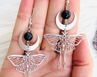 Silver Luna moth INNER PEACE moon phase moon gothic earrings, cottagecore grunge witchy earrings, butterfly jewelry, fairycore