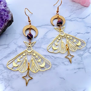 Gold Luna moth moon phases dangle earrings, purple Jasper crystals, cottagecore grunge witchy earrings, butterfly magical jewelry, lunar