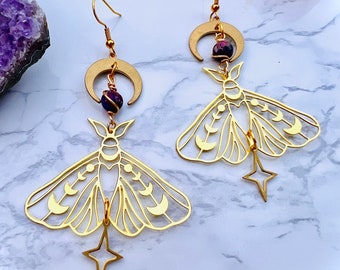 Gold Luna moth moon phases dangle earrings, purple Jasper crystals, cottagecore grunge witchy earrings, butterfly magical jewelry, lunar