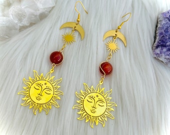 Witchy sun SEXUALITY & POSITIVE ENERGY earrings, gold crystal dangle moon phase jewelry, carnelian, crescent moon, cottagecore earrings