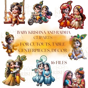 May include: A set of 16 digital clipart images featuring baby Krishna and Radha in various poses. The images include Krishna and Radha riding a motorcycle, sitting on a swing, playing the flute, and holding a teddy bear. The images are perfect for creating invitations, party decorations, and other crafts.