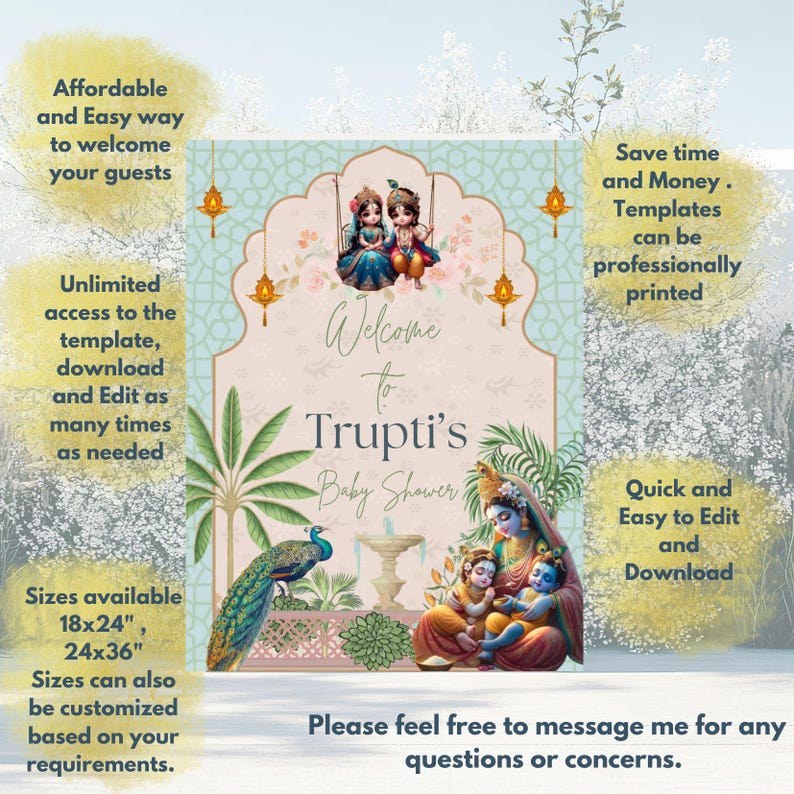 May include: A printable baby shower invitation featuring a pink and blue colour scheme with a welcome message for Trupti's Baby Shower. The invitation features a couple of Hindu deities, Krishna and Radha, sitting on a swing. The invitation is available in 18x24 inches and 24x36 inches.