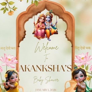 Puede incluir: Una invitación a un baby shower con un diseño de acuarela. La invitación presenta el texto "Welcome To AKANKSHA'S Baby Shower JANUARY 1, 2026". El diseño incluye ilustraciones de deidades, cisnes y elementos florales.