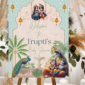 Indische Babyparty Willkommensschild, Baby Krishna Baby Radha Willkommensbanner Yard Sign Nur Digital, Gott Bharai, Valaikappu Indian Willkommensschild
