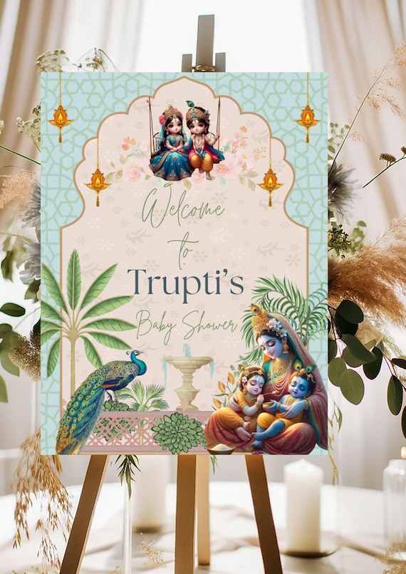Baby Krishna Radha Welcome Sign: Indian Baby Shower Decor (PDF)
