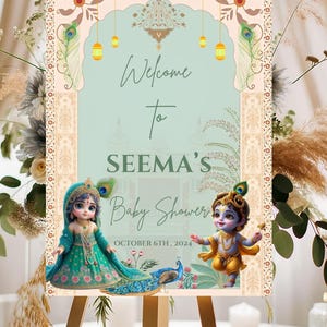 Indische Babyparty Willkommensschild, Baby Krishna Baby Radha Willkommensbanner Yard Sign Nur Digital, Gott Bharai, Valaikappu Indian Willkommensschild