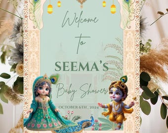 Indian baby Shower Welcome Sign, Baby Krishna Baby Radha Welcome Banner Yard Sign Digital Only, God Bharai, Valaikappu Indian Welcome Sign