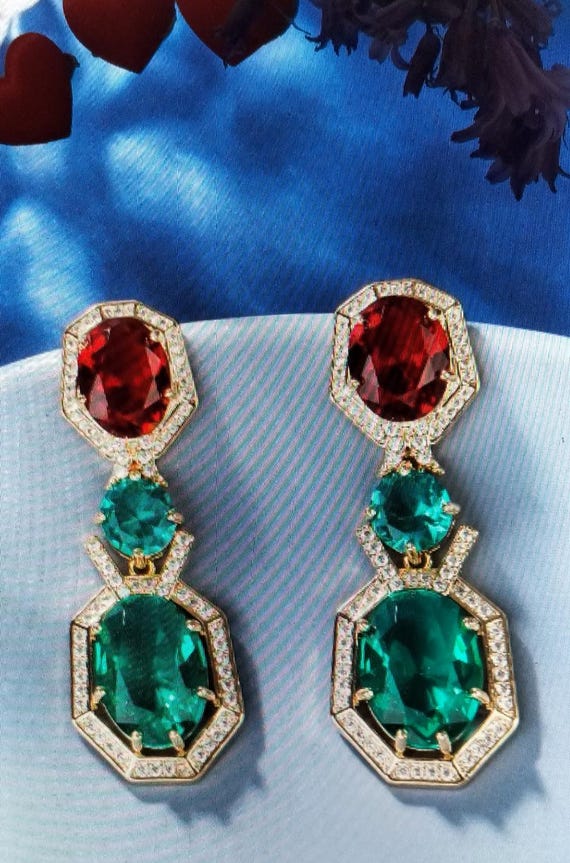 Emerald Red Green Stone Screw Back Stud 925 Geometric Dangly Earrings for Women Gold and Silver Oval Drop Boho Hypoallergenic Earring