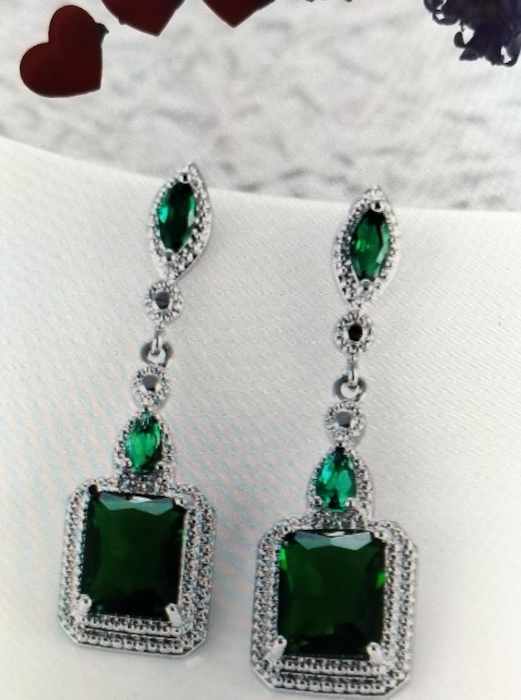 Emerald Green Sterling Silver Dangle Earrings for Women Hypoallergenic Drop with Cubic Zirconia screw back Jewellery Girls Gifts Silver