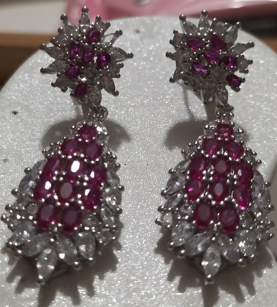 Dangle Drop pink Earrings | AAA Zircon Earrings Art Deco Flip Back Halo Earing in 18K Solid Silver | Bridal Earrings. Pink Crystal Earing