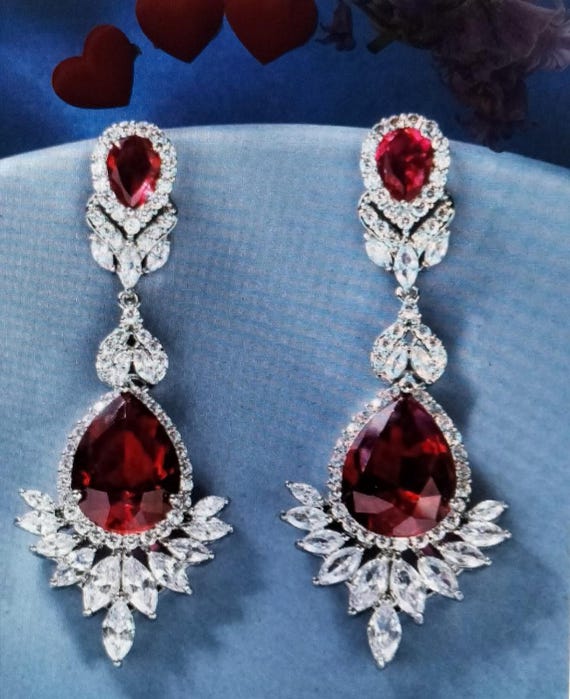 Red Ruby Screw back Earlobe 925 Sterling Silver CZ Droplet Dangle Earrings Chain for Women Long Threader Earrings