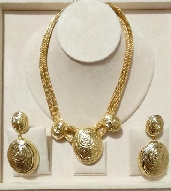 Statement Elegant Elongated 24K gold plated Necklace Earring Bracelet Rings Set.2 Pieces Set