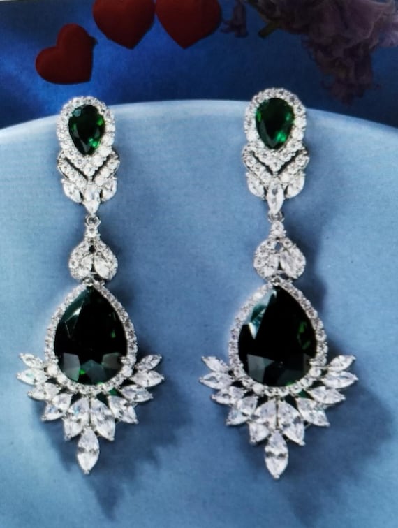 Emerald Green Screw back Earlobe 925 Sterling Silver CZ Droplet Dangle Earrings Chain for Women Long Threader Earrings
