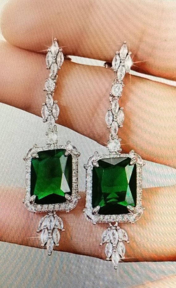 Emerald Green screw Back Earlobe Sterling Silver Drop Earrings Created with Zirconia Crystals