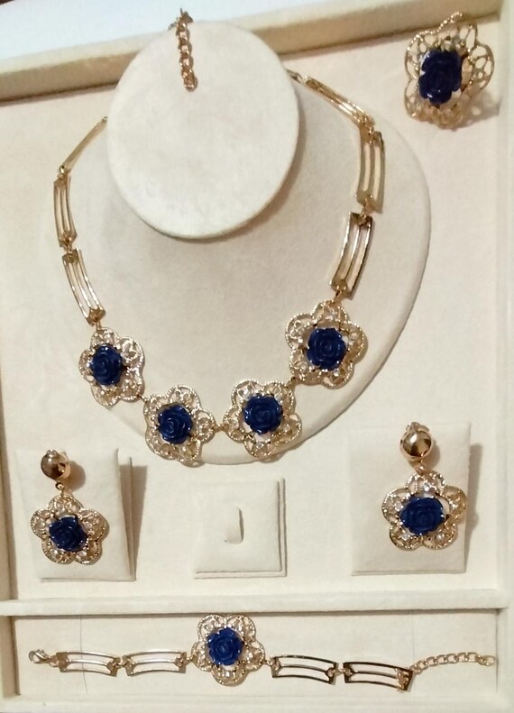 Eternity Blue Asymmetric 24k Gold plated Silver Jewellery 4PCS Set Glamorous 4pcs Luxury Wedding jewellery Experience touch of elegance