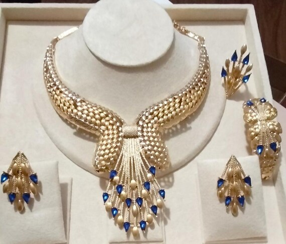 Bridal Blue Necklace and Earrings 4-piece Women's set 24k Fabulous 4pcs Water Drop Shape Necklace Earring Jewellery Set