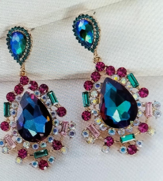 AAA Zircon Diamond Blue Pink Stud silver Gold Star Burst Earing, Celebrity Red Carpet Green , Bridal Earrings, Evening , party Gift