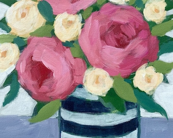 Fine Art Giclee Print - Roses in Striped Vase - 8"x10" on Deep Matte Paper