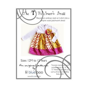 May include: A digital pattern for a patchwork dress for children sizes 12 months to 12 years. The dress is made from a white tank top and colourful fabric scraps. The pattern includes instructions and pattern pieces for 10" and 15" Waldorf style dolls as well as American Girl/Bitty Baby dolls.