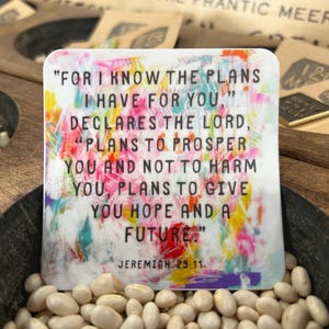 May include: A colorful sticker with a white background and a quote from Jeremiah 29:11. The quote reads "For I know the plans I have for you," declares the Lord, "plans to prosper you and not to harm you, plans to give you hope and a future."