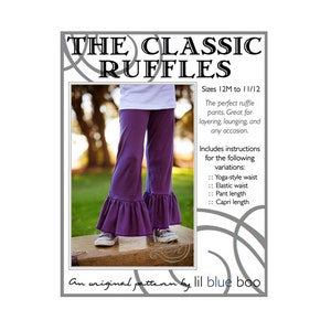 May include: A sewing pattern for classic ruffle pants for children, sizes 12M to 11/12. The pattern includes instructions for yoga-style waist, elastic waist, pant length, and capri length.