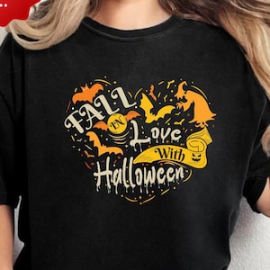 Fall in Love with Halloween Shirt Design PNG , Cute Spooky Fall T-Shirt Printable , Autumn Pumpkin Digital File , Digital Download Graphic