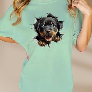 May include: A light green t-shirt with a graphic of a Rottweiler puppy peeking out of a ripped hole. The puppy is black and brown with a playful expression.