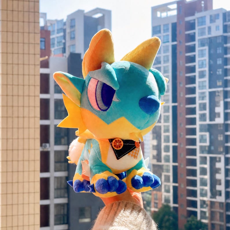 Puede incluir: Un peluche de criatura con cuerpo azul, detalles amarillos y naranjas, y una expresi&oacute;n seria. Tiene orejas grandes, nariz azul y patas azules. El juguete se sostiene frente a un fondo de ciudad.