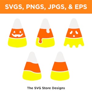 May include: Five different Halloween-themed candy corn designs. The designs include a jack-o-lantern face, a dripping candy corn, a ghost face, and two traditional candy corn designs.