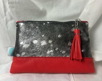 Red and Silver leather Cosmetic Bag, zippered Pouch