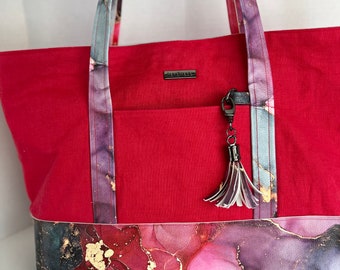 ONE of a KIND - Red linen and vinyl tote bag - lined!