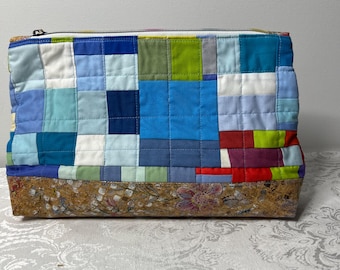 Large Blue Patchwork Zippered Pouch with Cork bottom