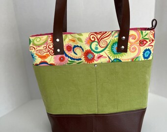 Colorful Corduroy tote with leather handles!